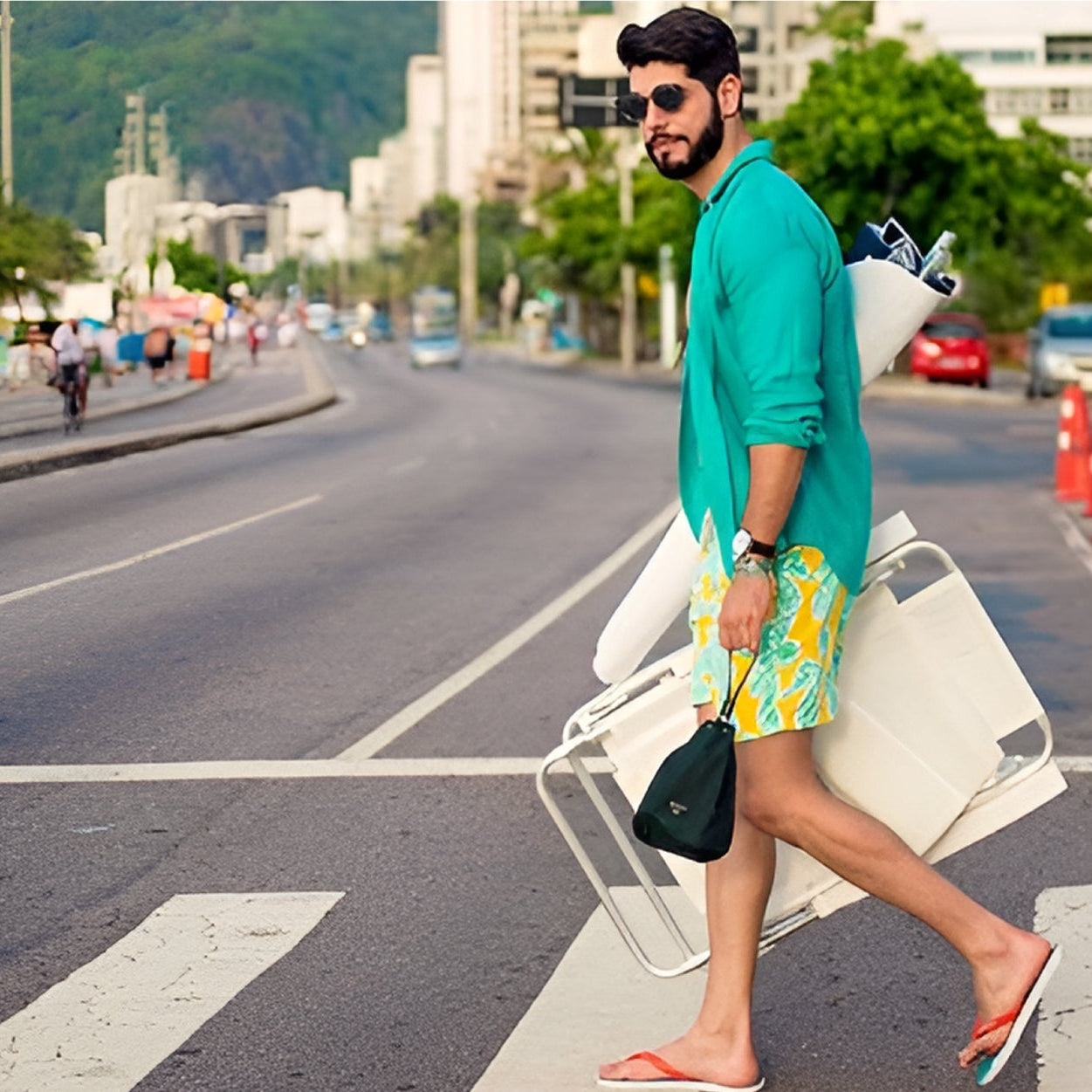 Man wearing men's 2 in 1 swim shorts while on a tropical vacation, walking from the beach to a resort