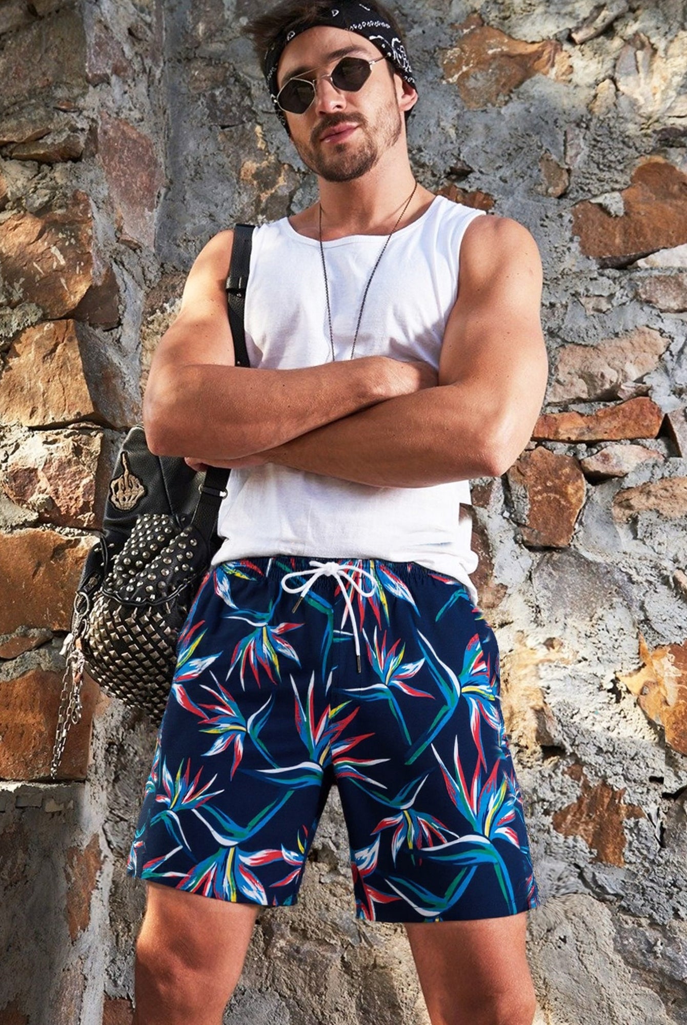 men wearing 7 inch 2 in 1 swim trunks transitioning from swimming to walking