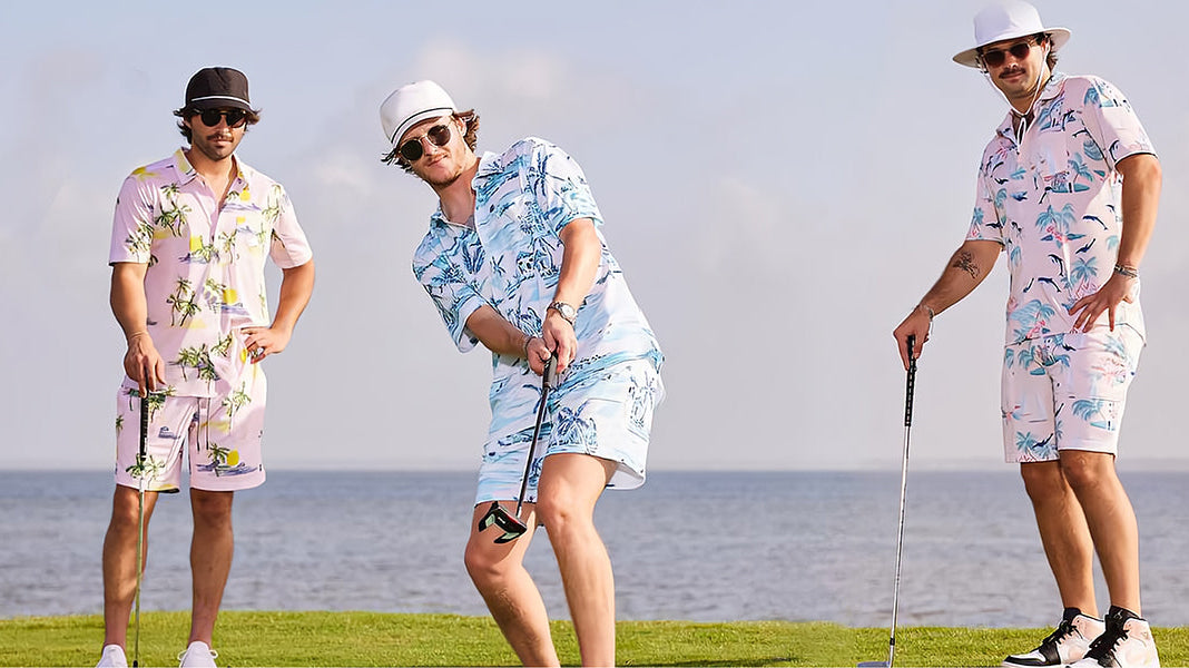 Man wearing a breathable men's golf polo shirt on a sunny golf course holding a golf club