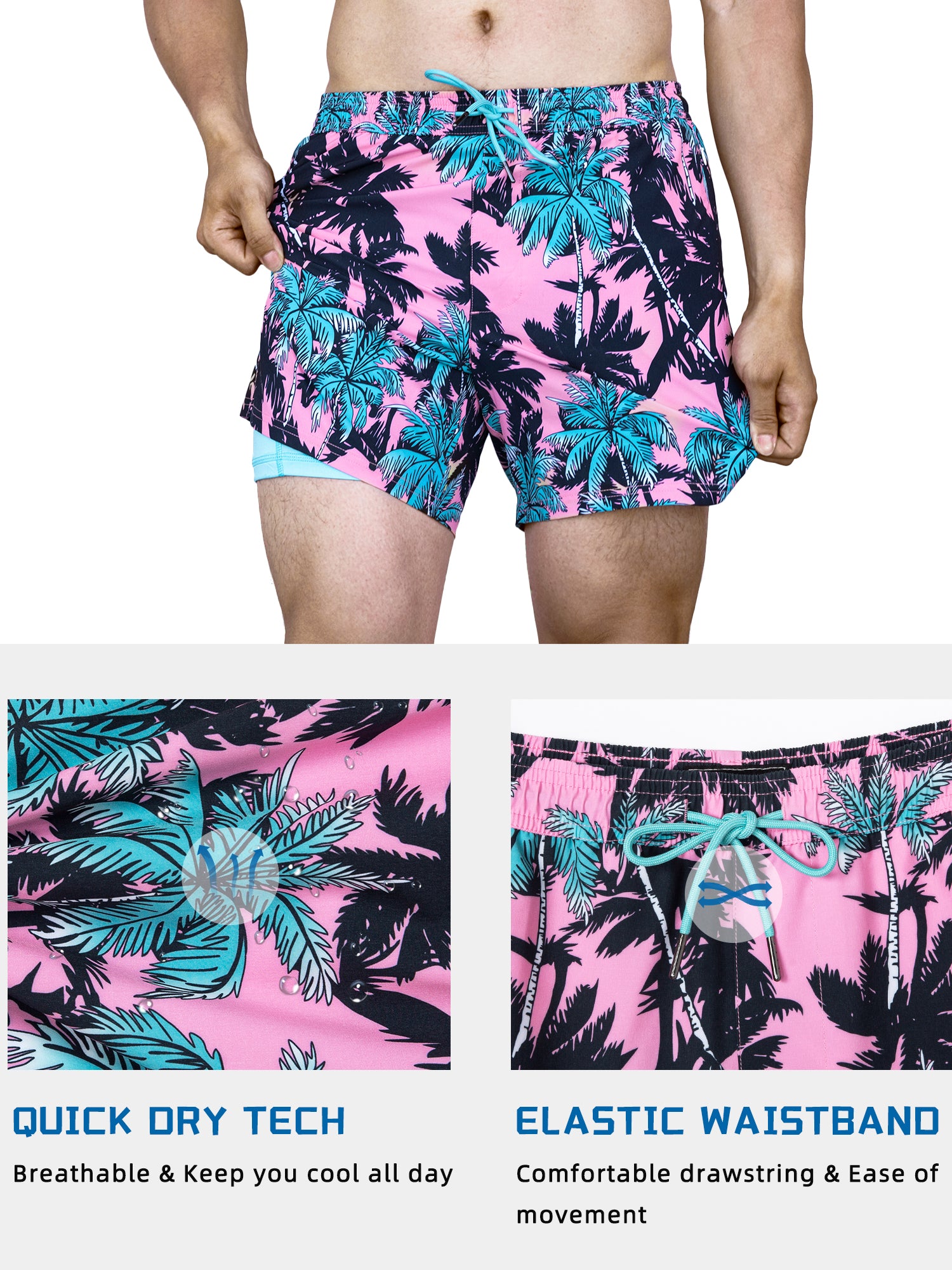 Quick-dry 5.5 inch inseam men's swim shorts with elastic waist