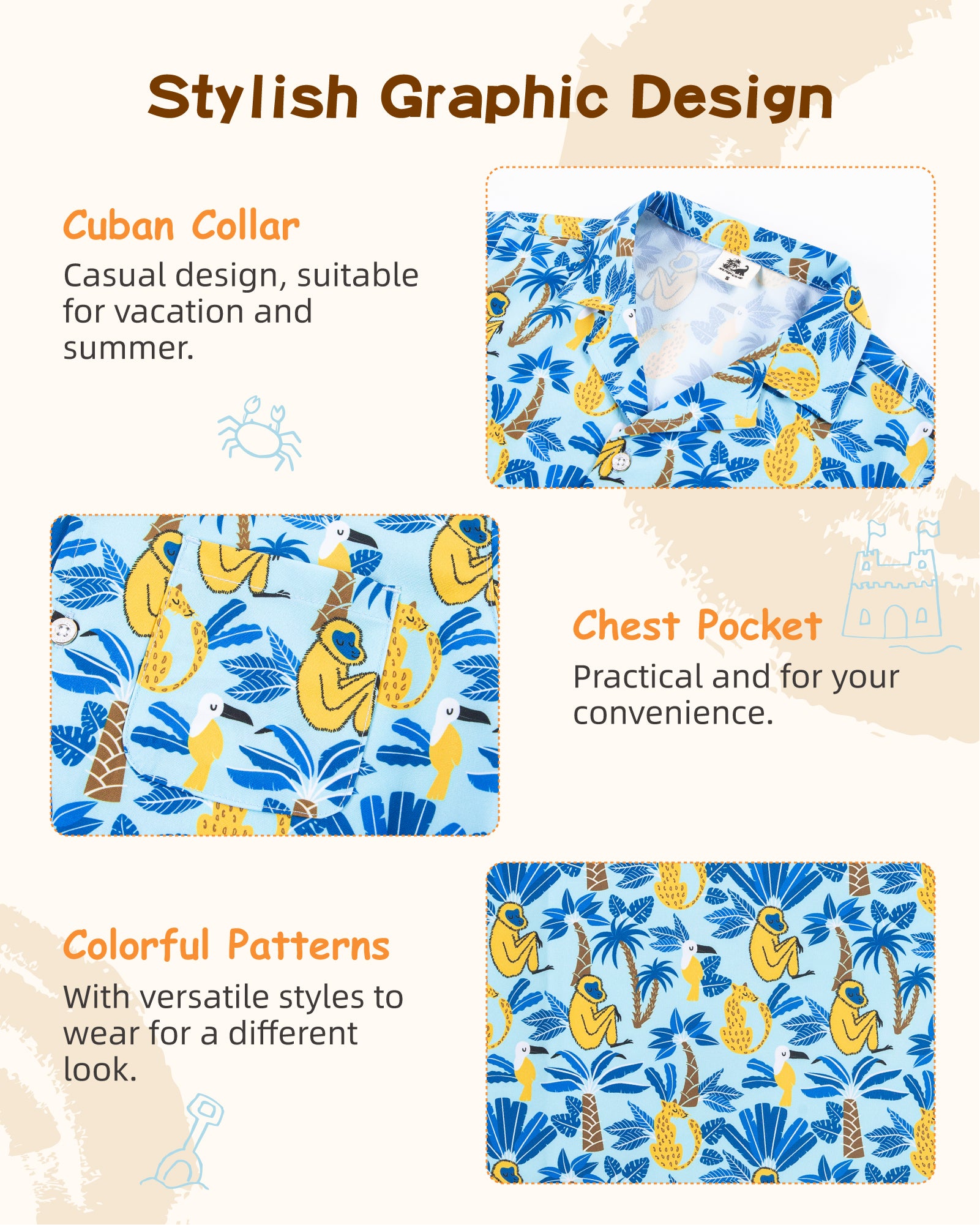 High-quality print boys' beach vacation shirts
