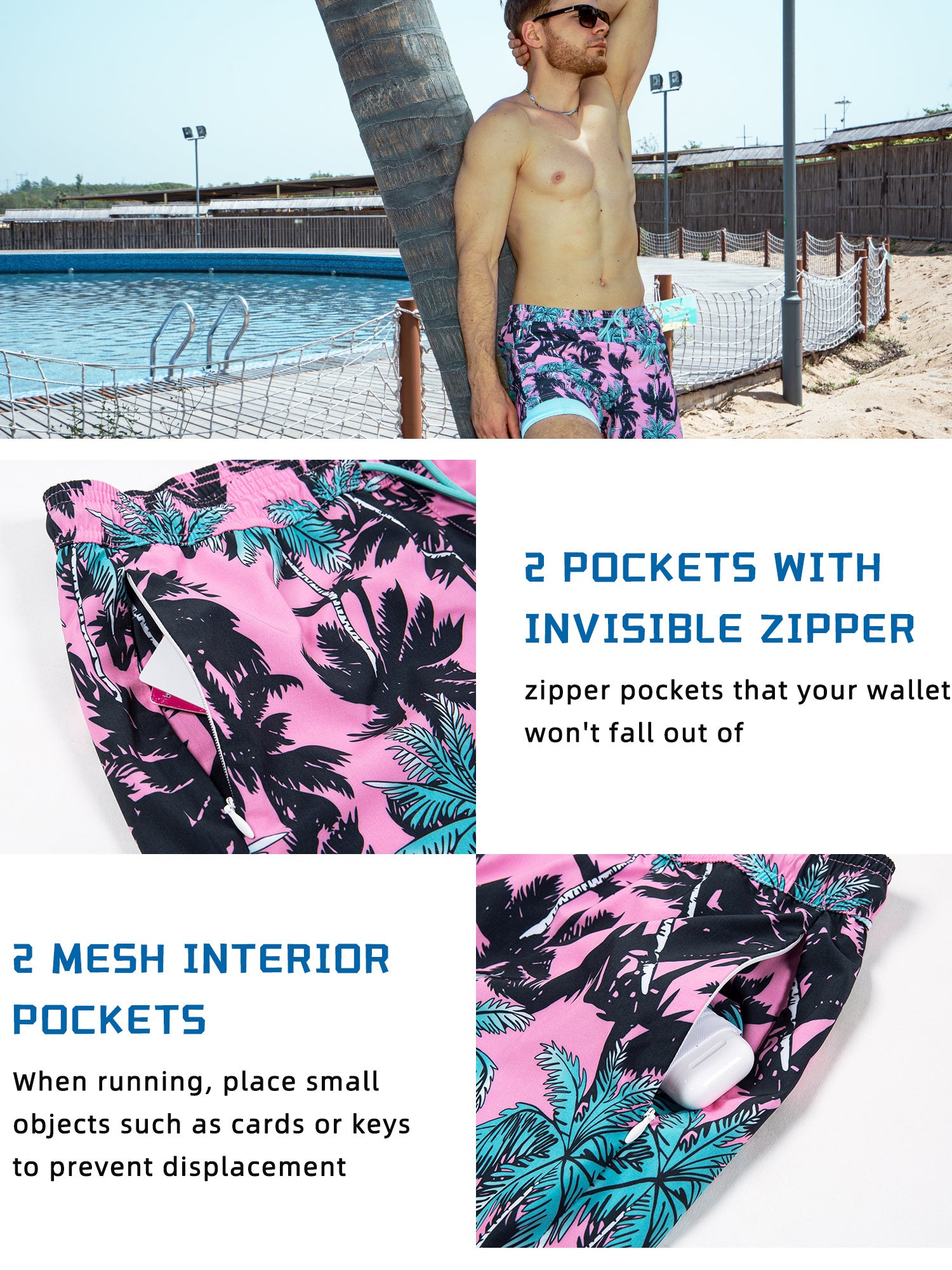 Fast-dry 5.5 inch inseam men's swim shorts with elastic waist