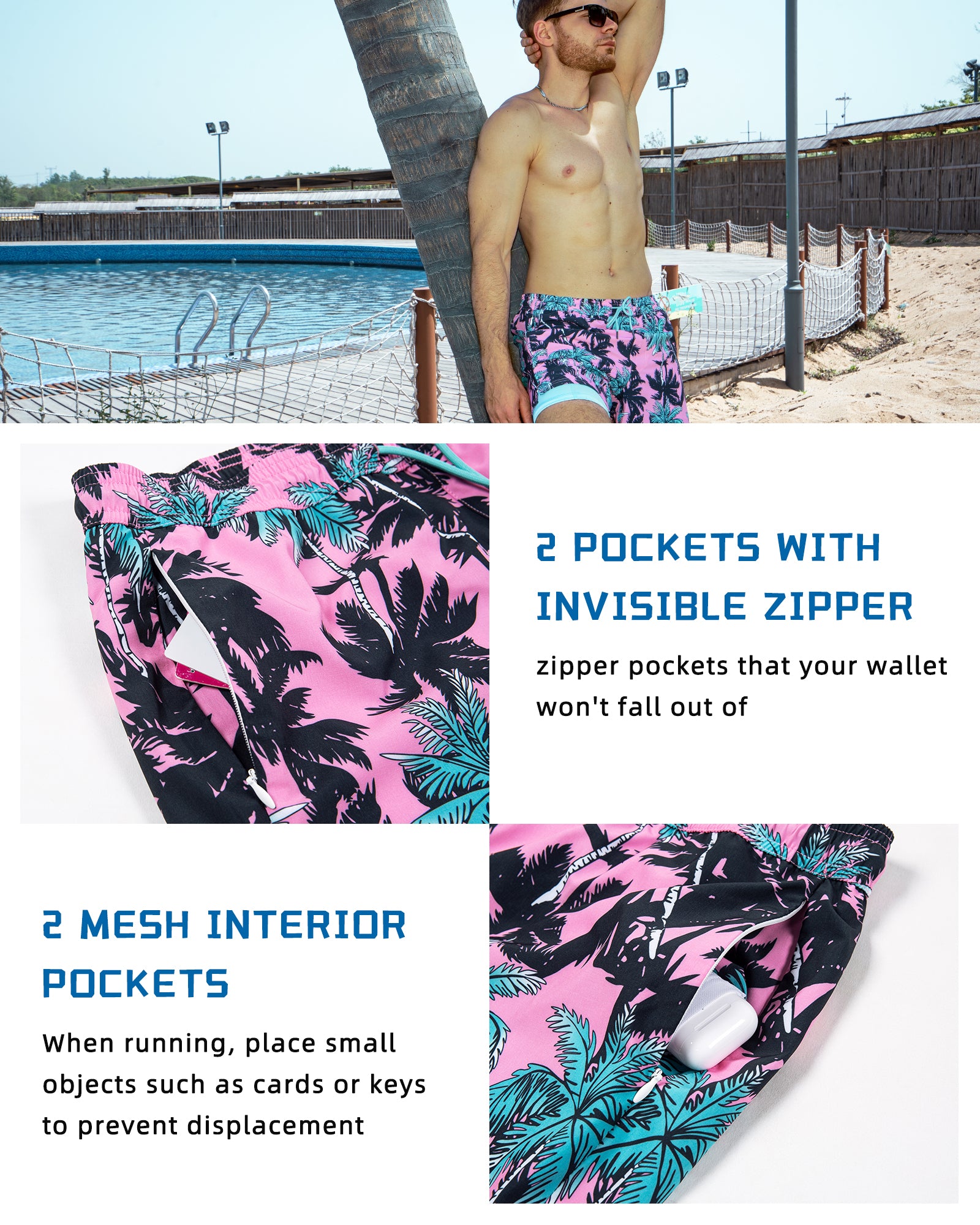 Fast-dry 5.5 inch inseam men's swim shorts with elastic waist