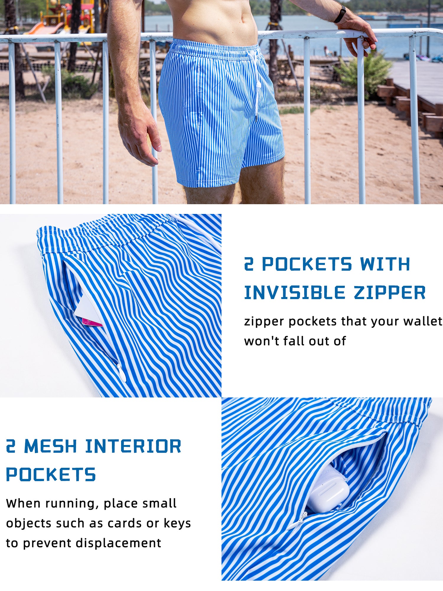 Blue stripe 5.5 inch inseam men's swim trunks