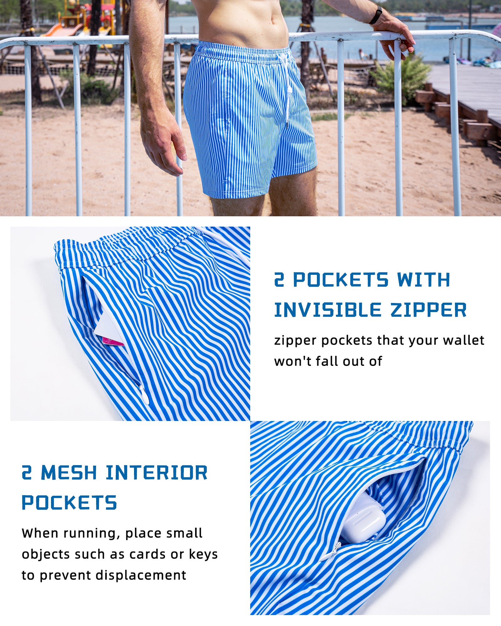 Blue stripe 5.5 inch inseam men's swim trunks