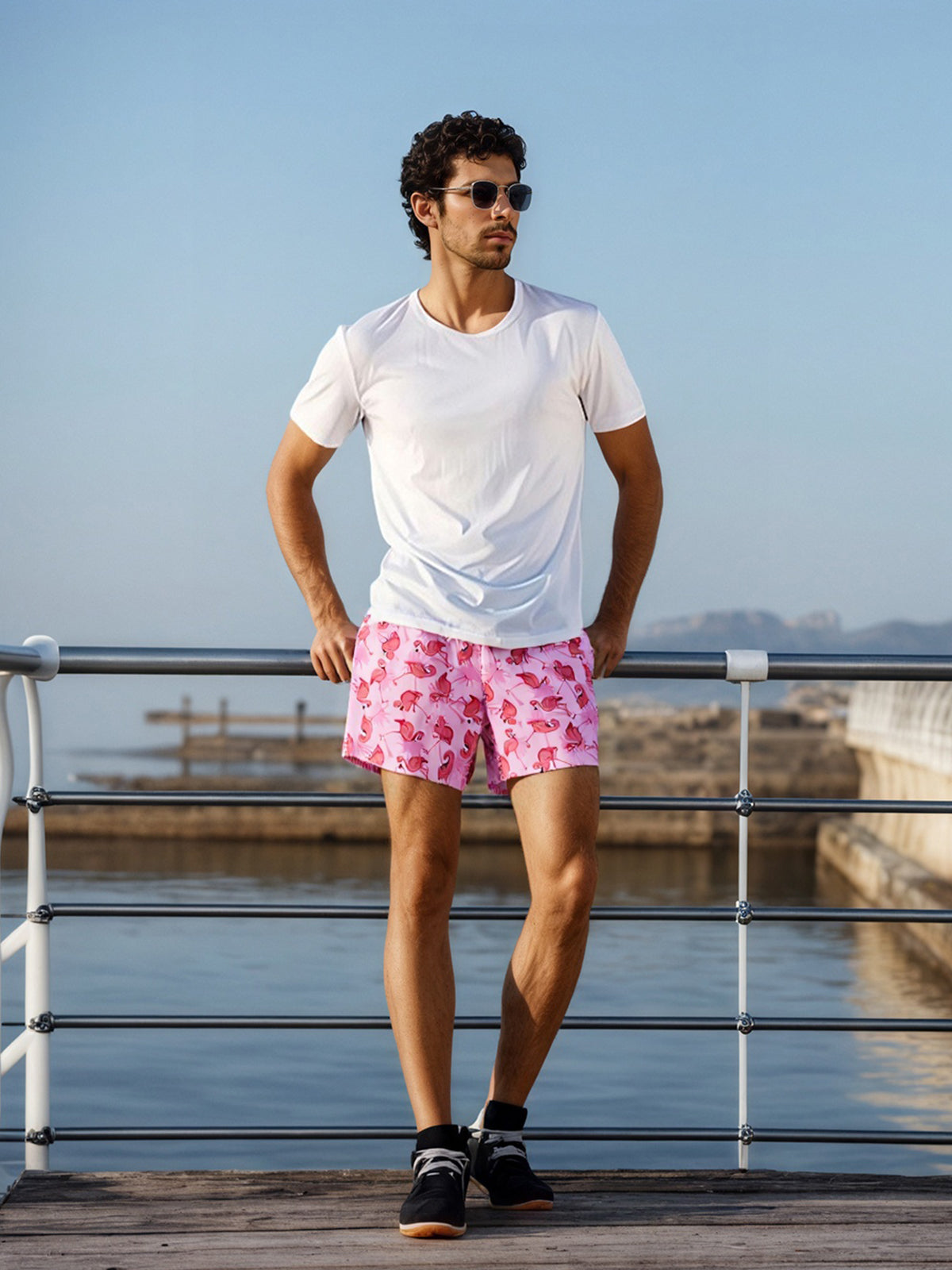Men wearing Surfcuz 4.5-inch 2-in-1 swim shorts on the beach