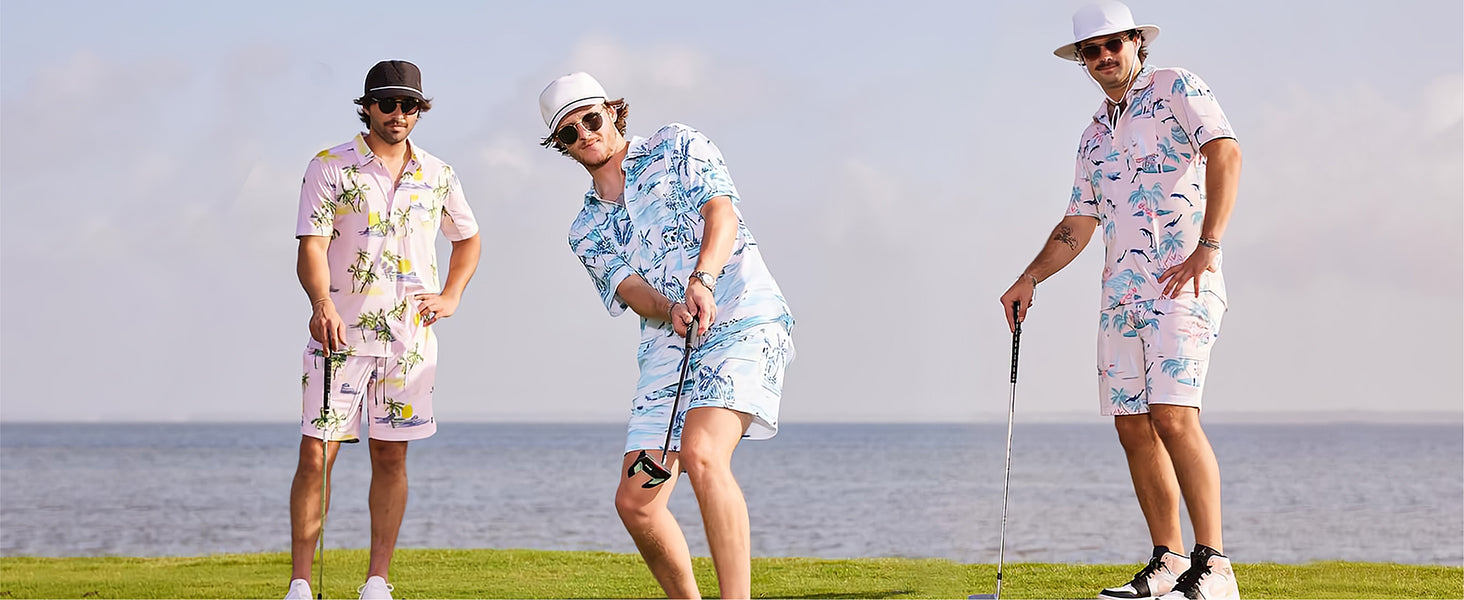 Man wearing a breathable men's golf polo shirt on a sunny golf course holding a golf club