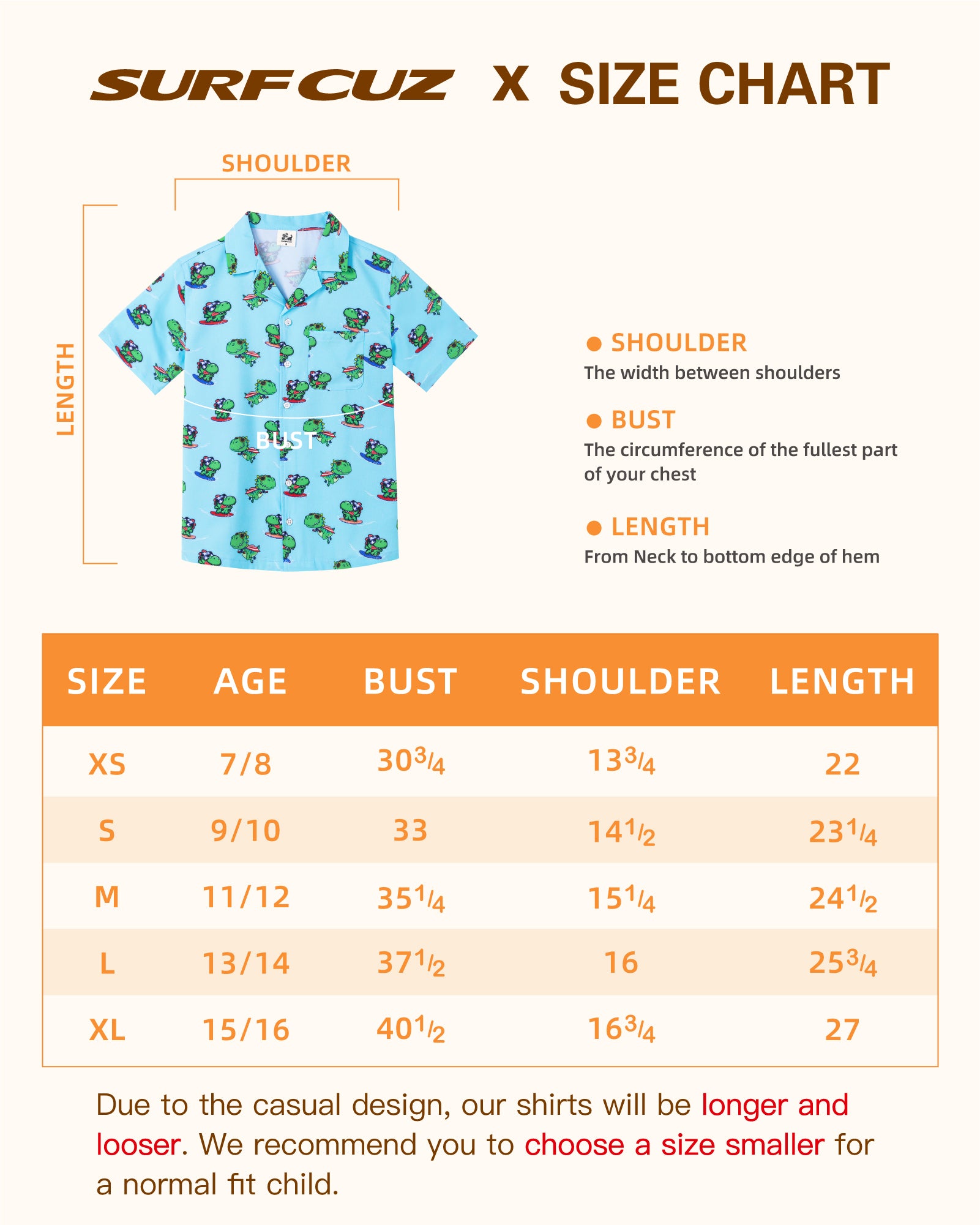 Surfcuz kids' tropical print beach shirt size chart

