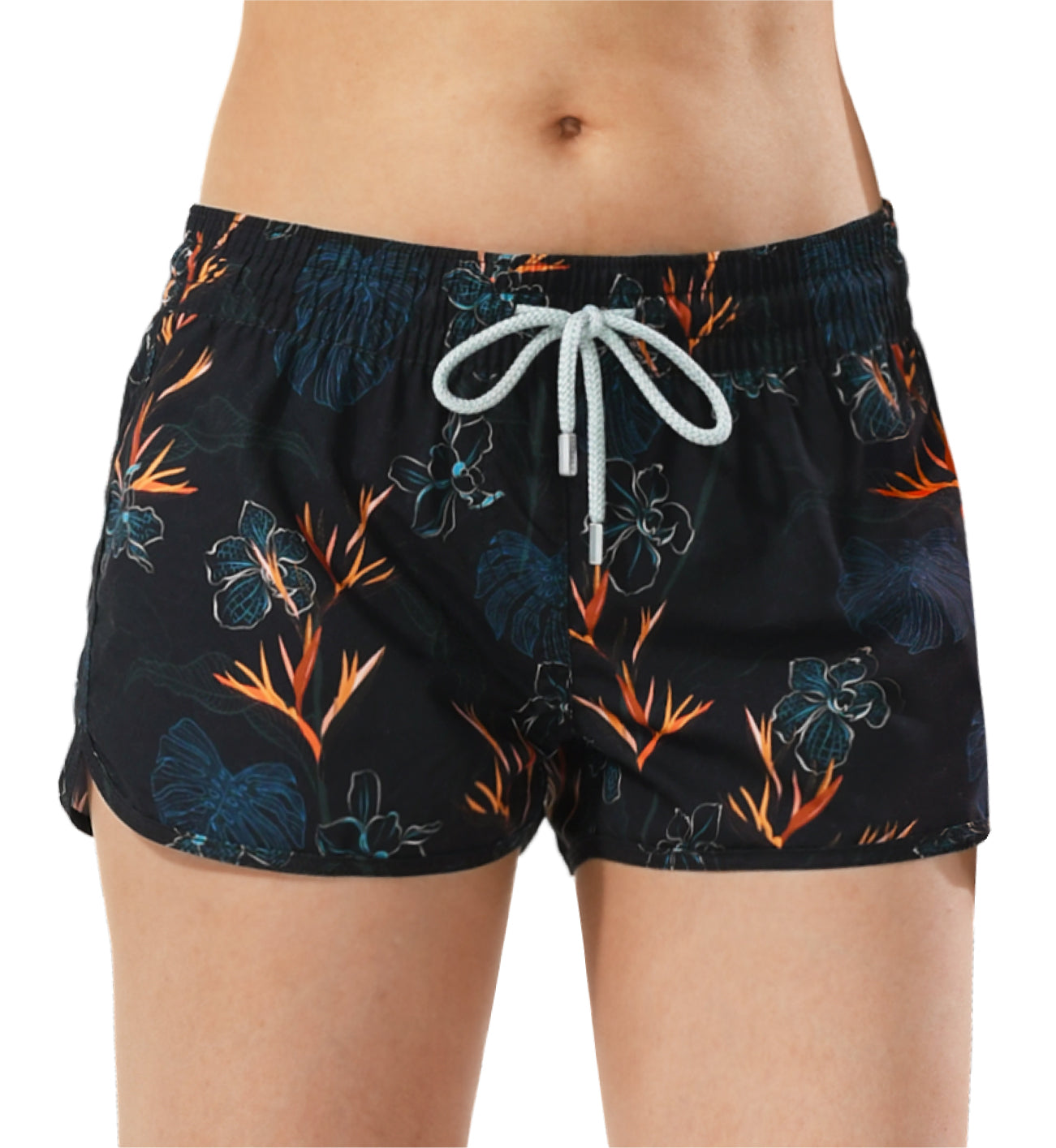 Quick-dry lightweight 2.5 inch inseam women's black board shorts, comfortable fit for surf trips and sea holidays