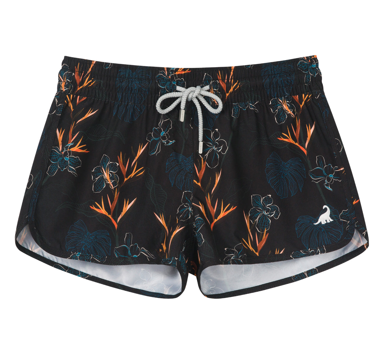 Black print 2.5 inch inseam women's surf shorts, stretchy quick-dry fabric for stylish beach and sea wear