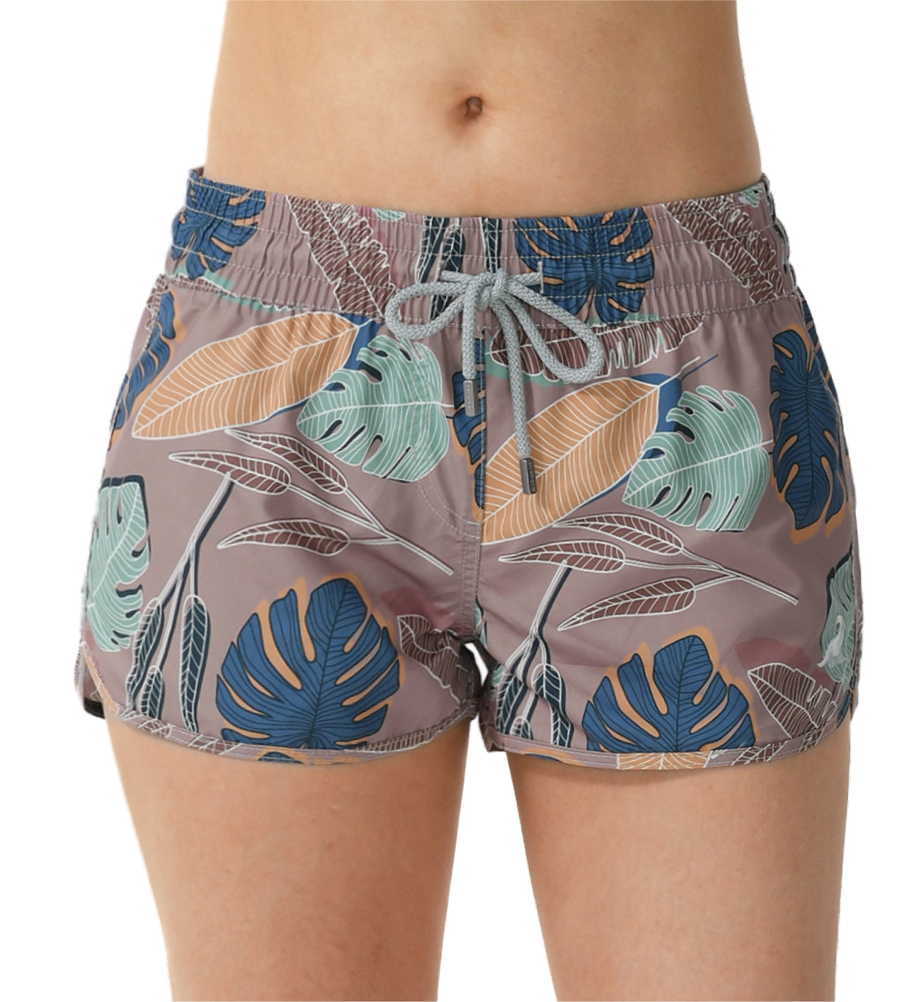 Grey 2.5 inch inseam women's board shorts with elastic waist, quick-dry lightweight fabric for summer