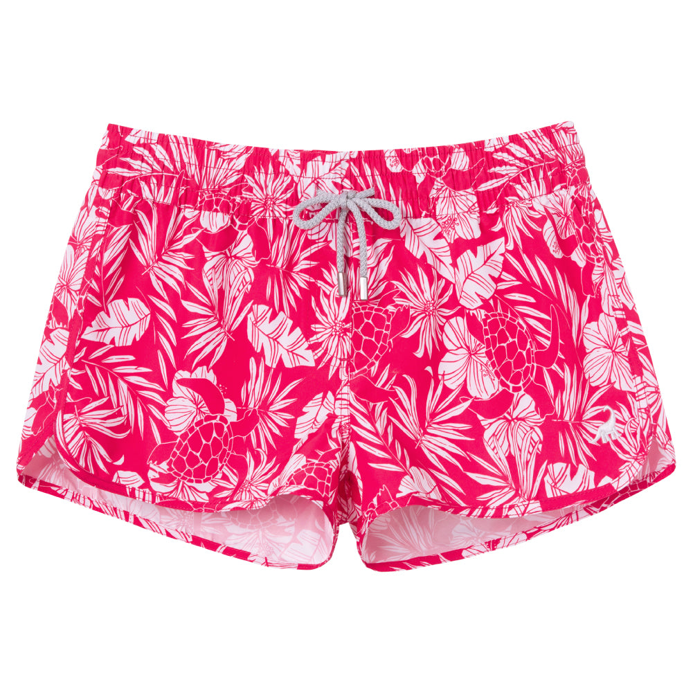 Lightweight 2.5 inch inseam women's red swim shorts, elastic waist and quick-dry for fun summer beach trips