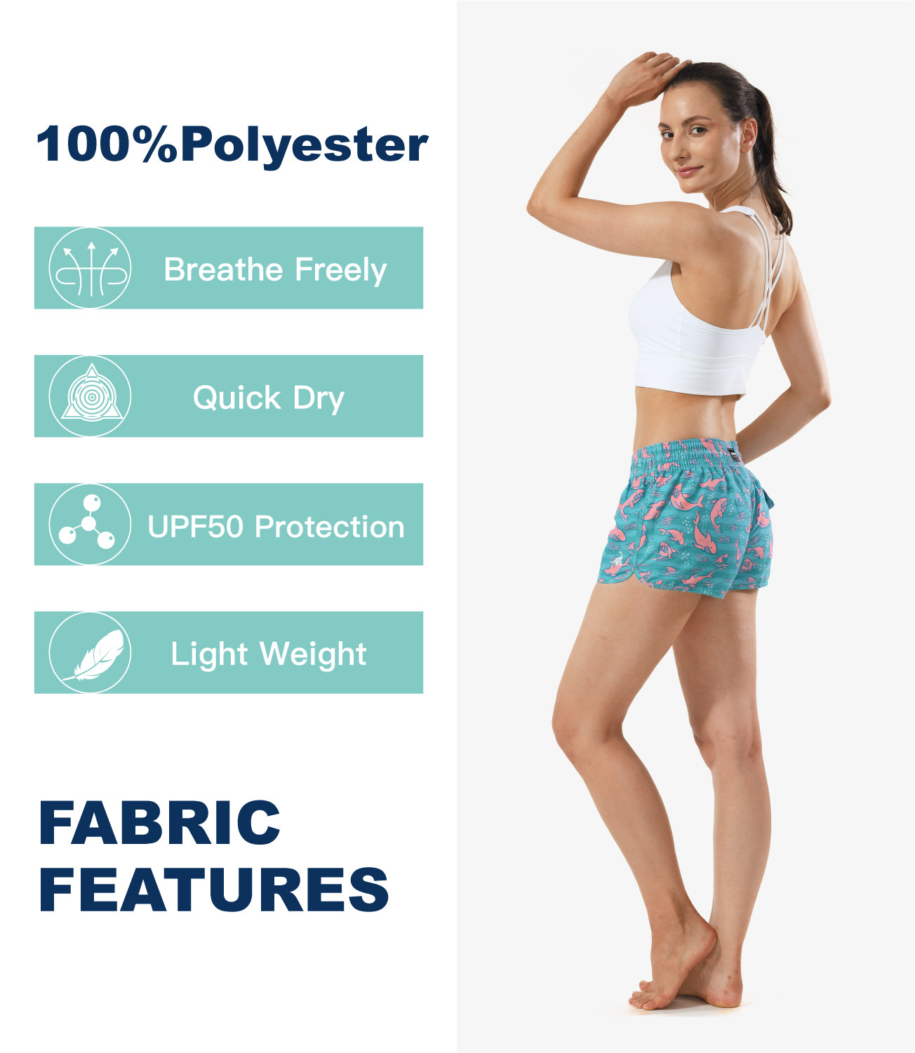 Lightweight breathable 2.5 inch women's swim shorts with tropical shark print, quick-dry design for summer beach trips