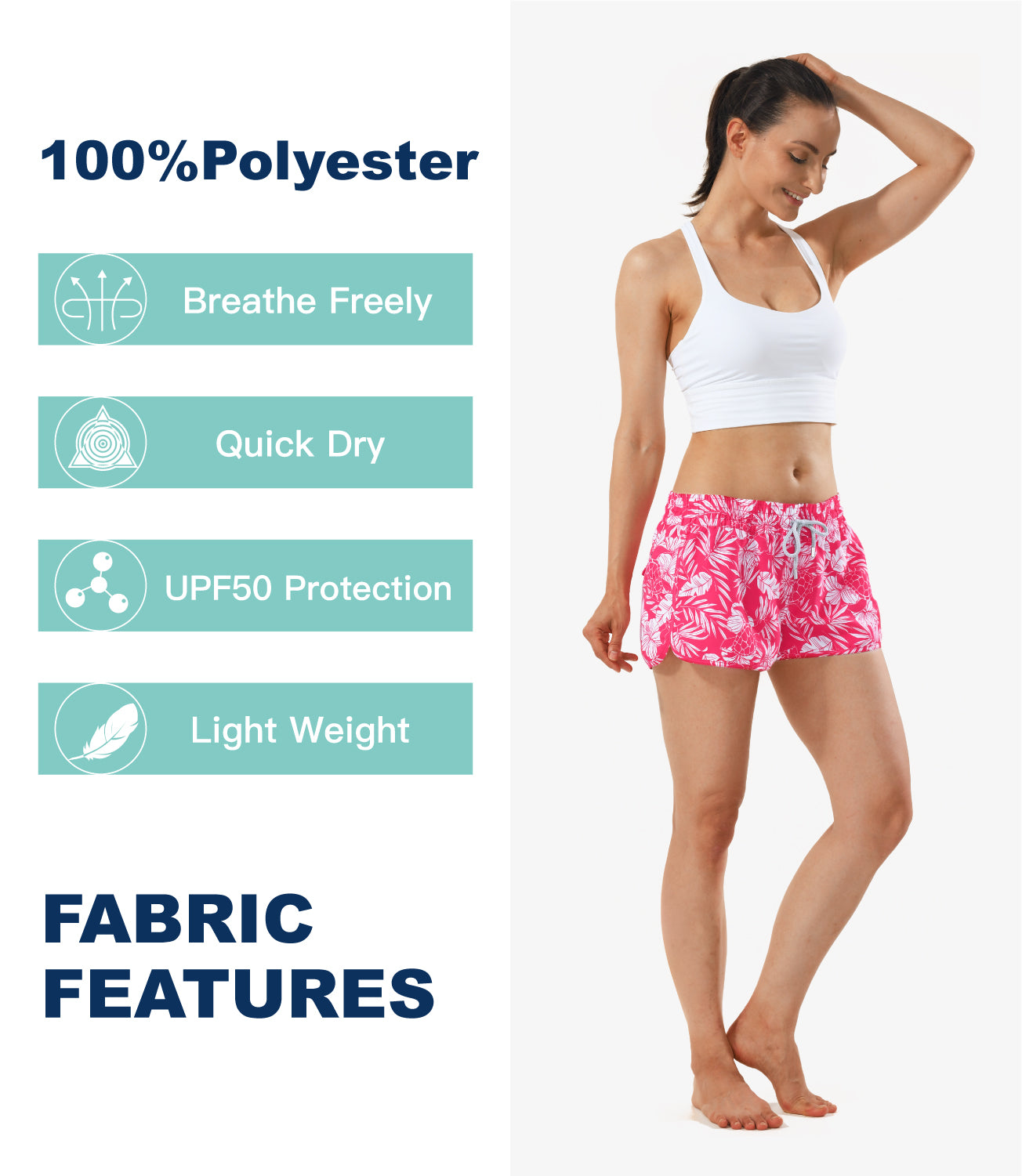 Lightweight 2.5 inch women's swim shorts with pink flower, elastic waist, quick-dry for beach fun